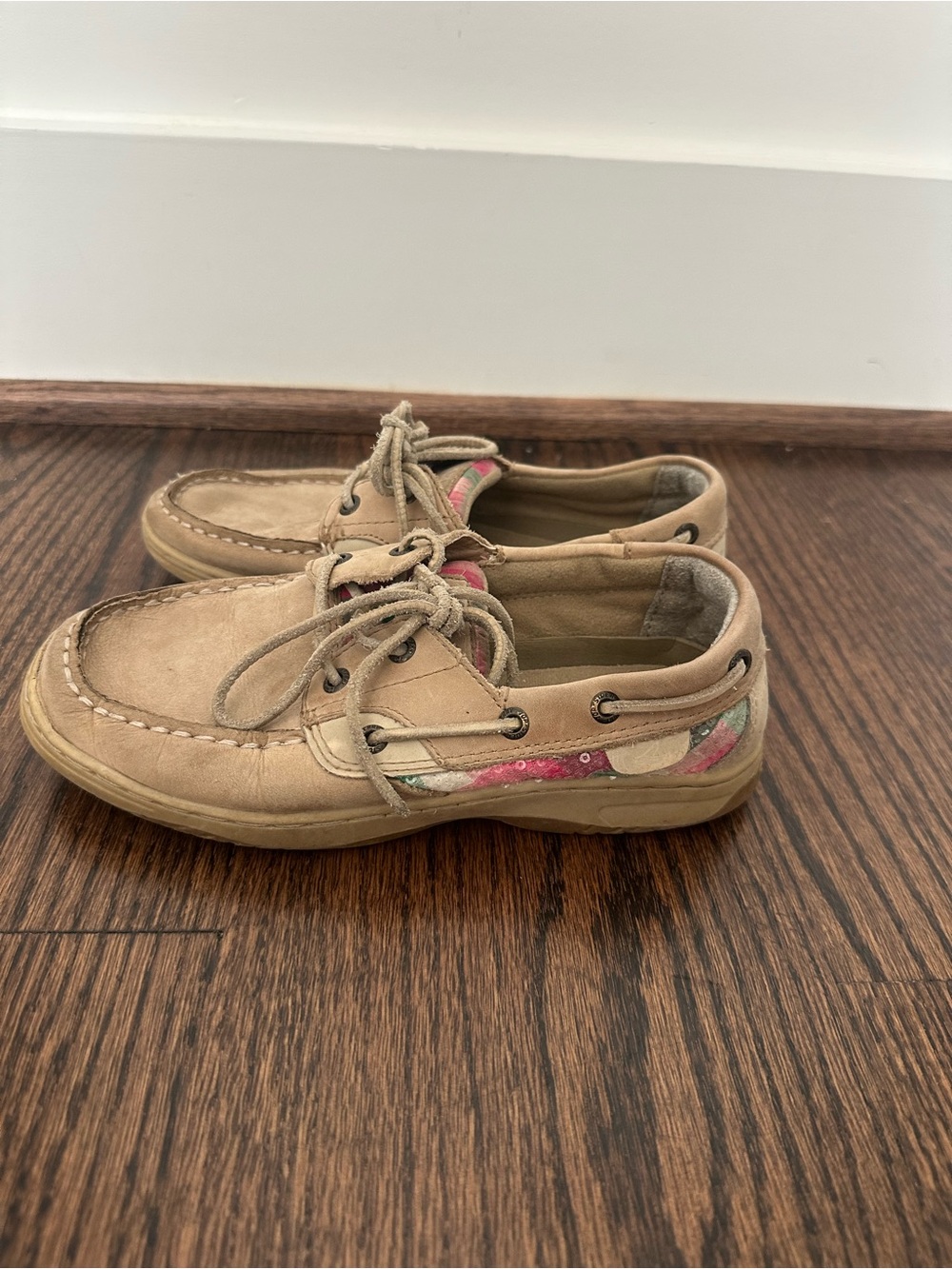 Girls Sperry boat shoes with plaid sequin detailing